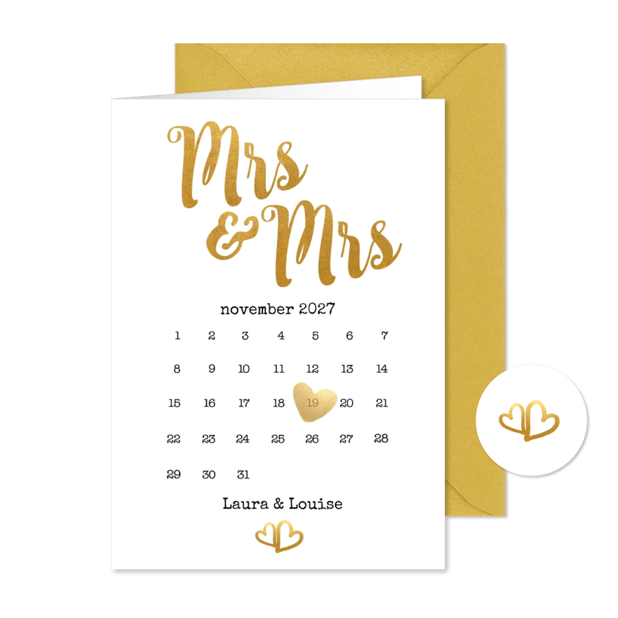 Kalender Mrs & Mrs goud - BK - Kaartimpressie