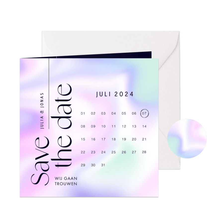 Kalender save the date modern holografisch paars - Kaartimpressie