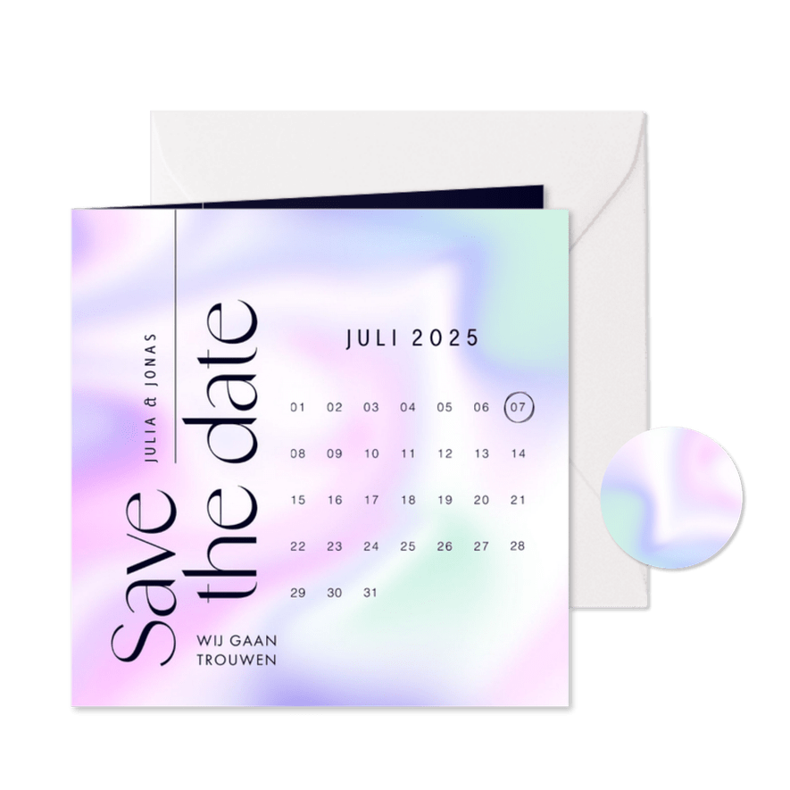 Kalender save the date modern holografisch paars - Kaartimpressie