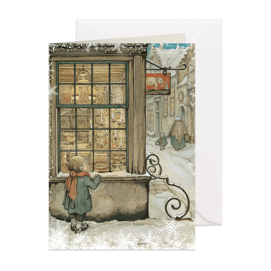 Kerkstkaart - Anton Pieck illustratie kindje voor etalage - Kaartimpressie