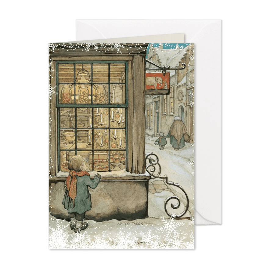 Kerkstkaart - Anton Pieck illustratie kindje voor etalage - Kaartimpressie