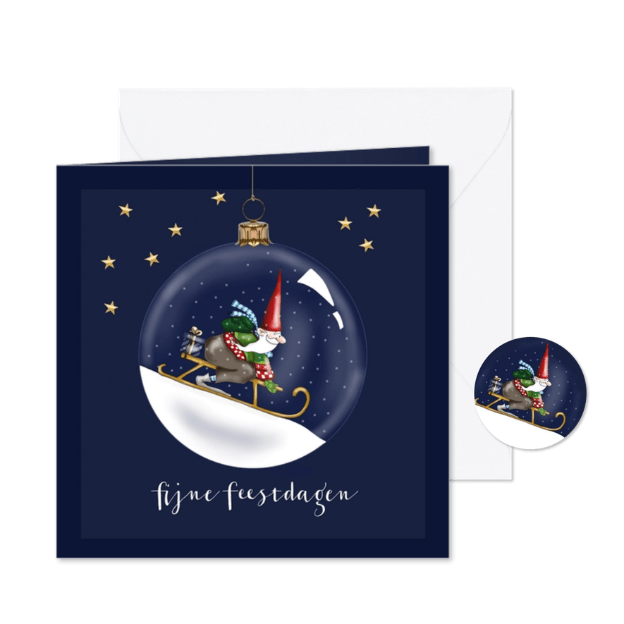 Kerskaart - kerstbal met kerstmannetje op de slee - Kaartimpressie