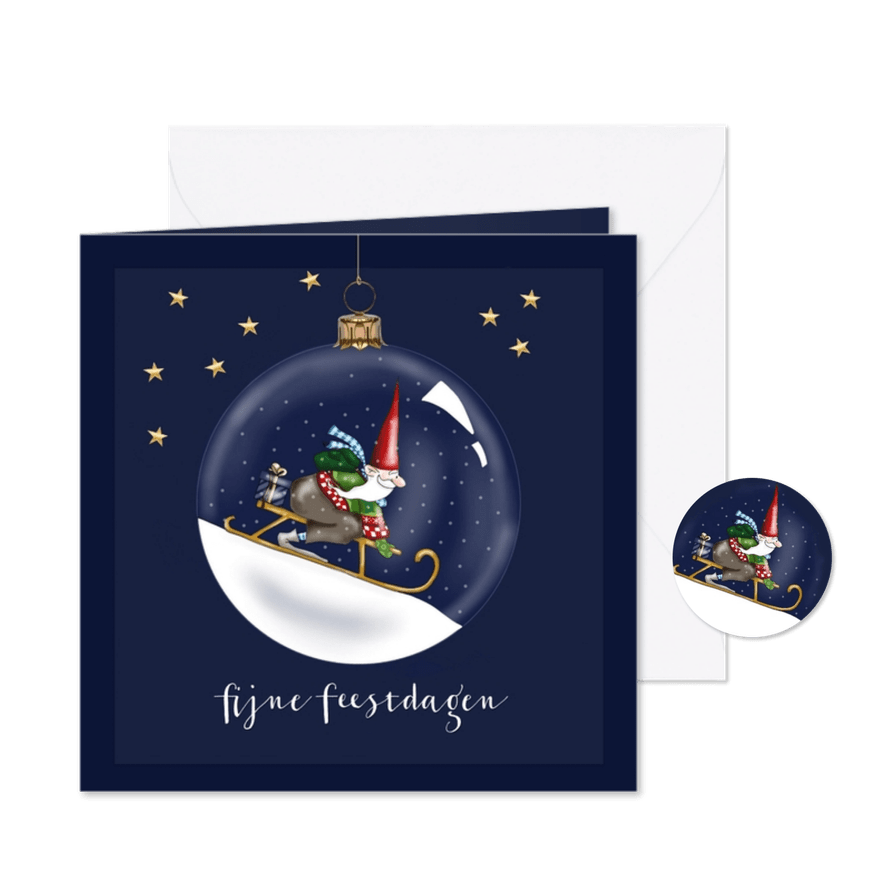 Kerskaart - kerstbal met kerstmannetje op de slee - Kaartimpressie