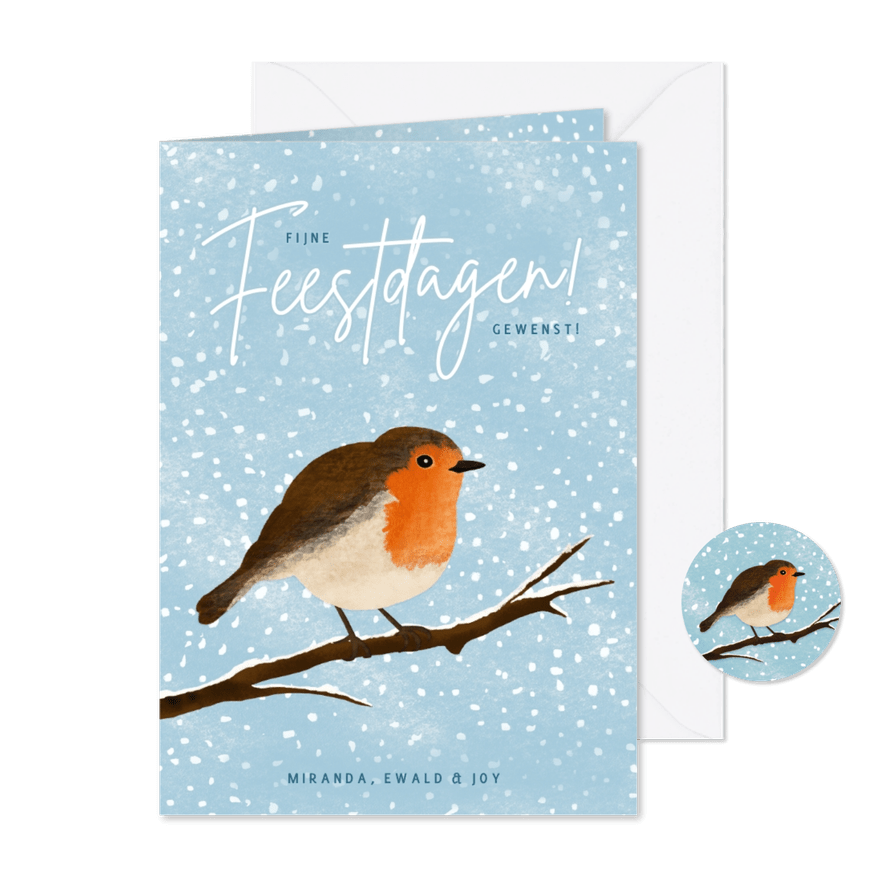 Kerskaart met illustratie van roodborstje in de winter - Kaartimpressie