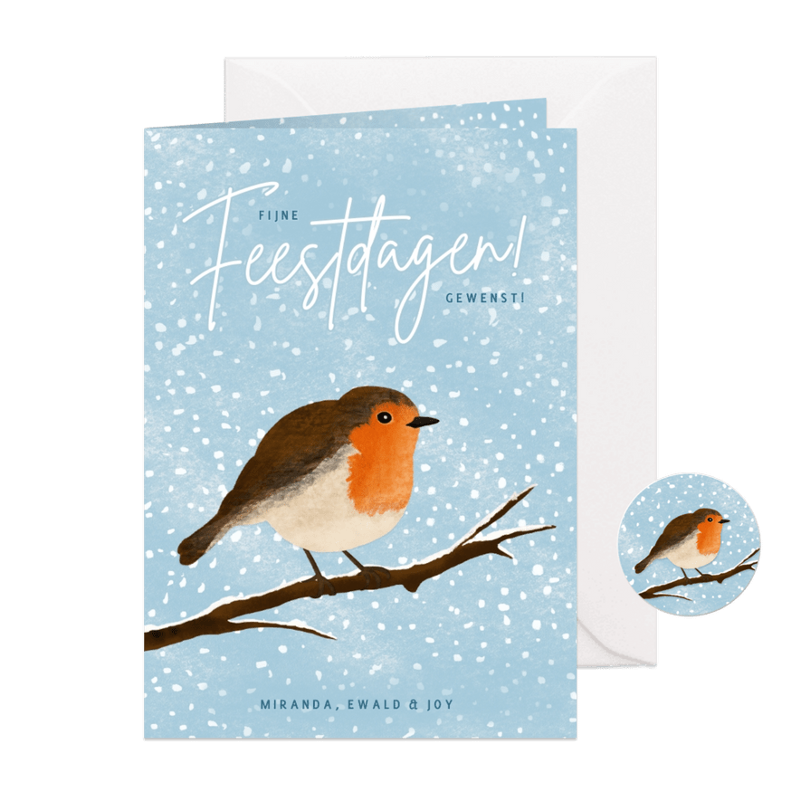 Kerskaart met illustratie van roodborstje in de winter - Kaartimpressie