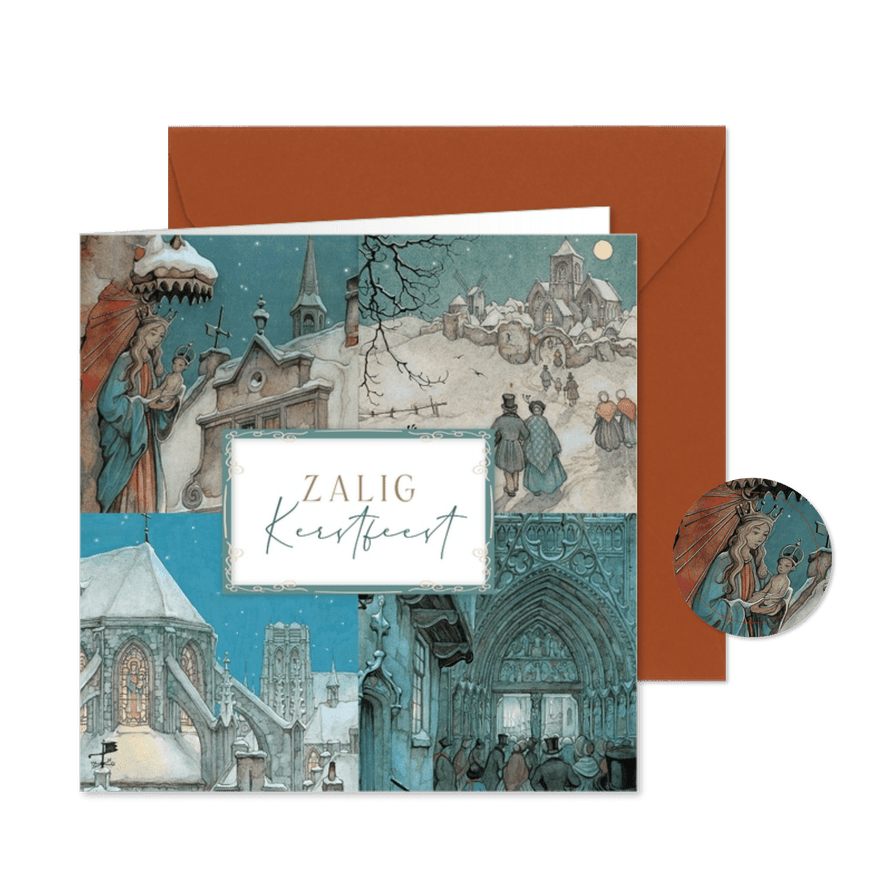 Kerst Anton Pieck kaart met 4 illustraties religieus - Kaartimpressie