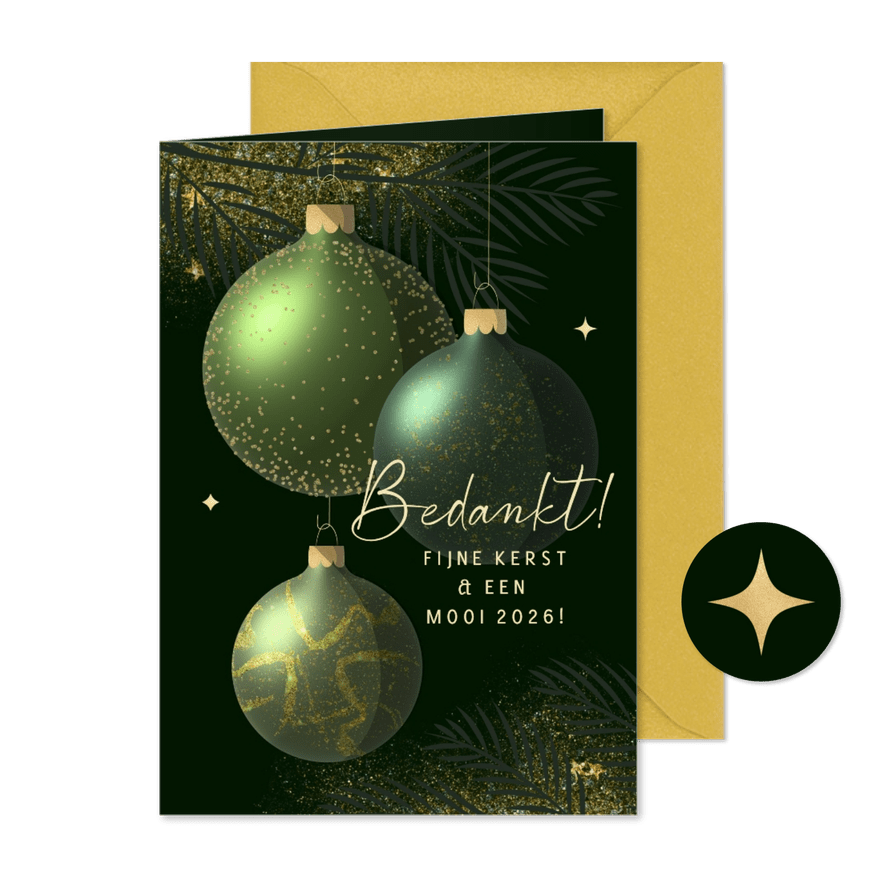 Kerst artistiek bedankt sprankelend groen goud kerstballen - Kaartimpressie