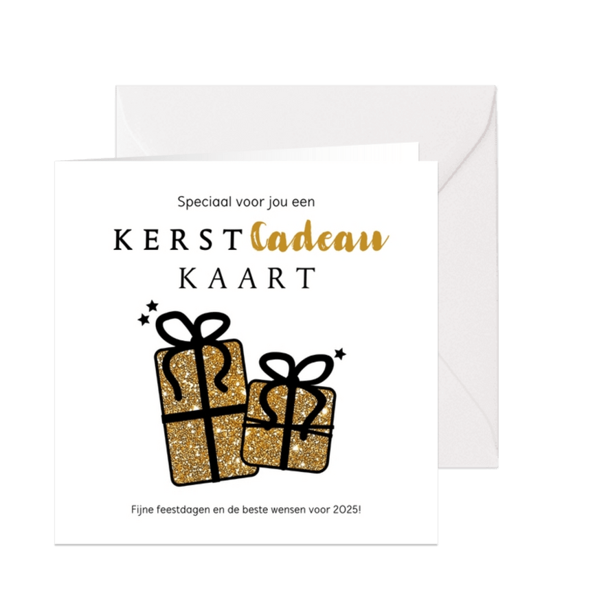 Kerst Cadeau-kaart goudkleurige glitter cadeautjes - Kaartimpressie