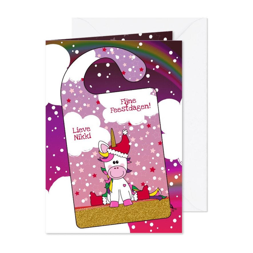 Kerst DIY vrolijke kerstkaart met unicorn deurhanger - Kaartimpressie