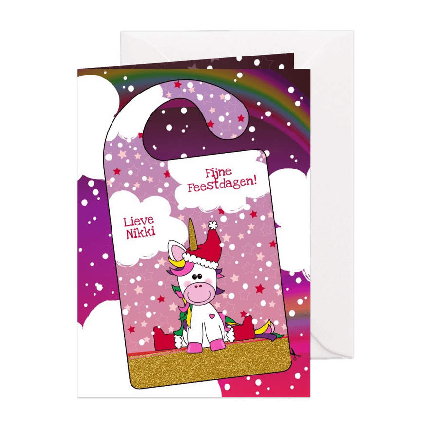 Kerst DIY vrolijke kerstkaart met unicorn deurhanger - Kaartimpressie