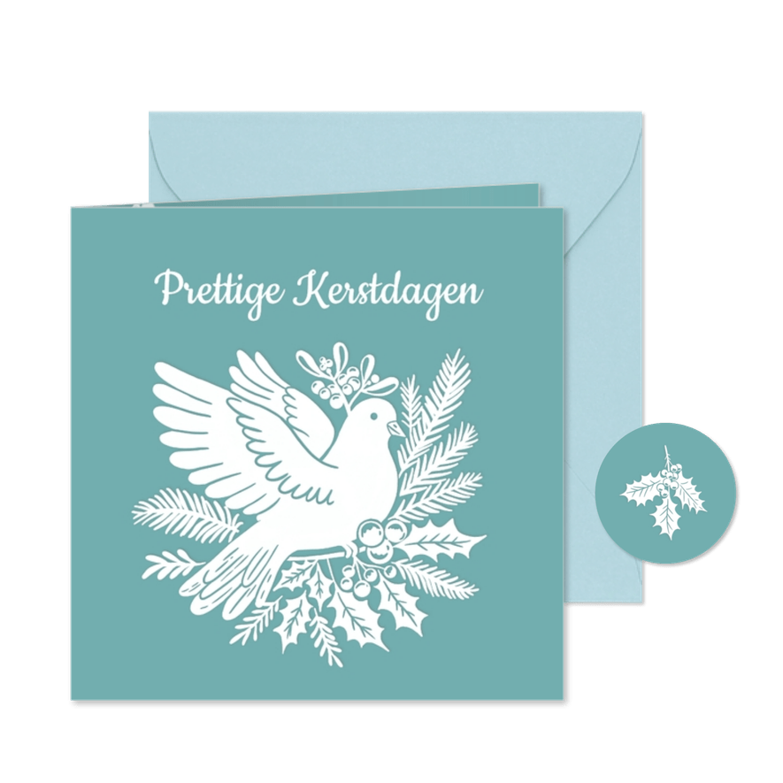 Kerst duif met dennentak hulst en maretak papierknipkunst - Kaartimpressie