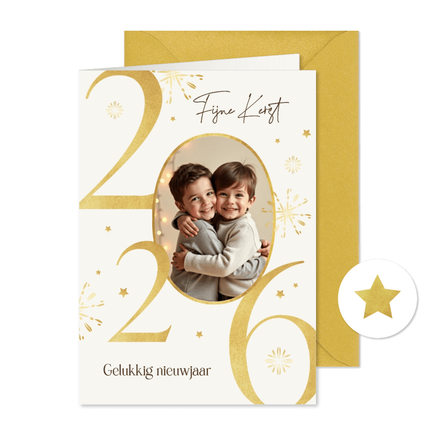 Kerst en nieuwjaarskaart 2026 goud stijlvol sterren foto - Kaartimpressie