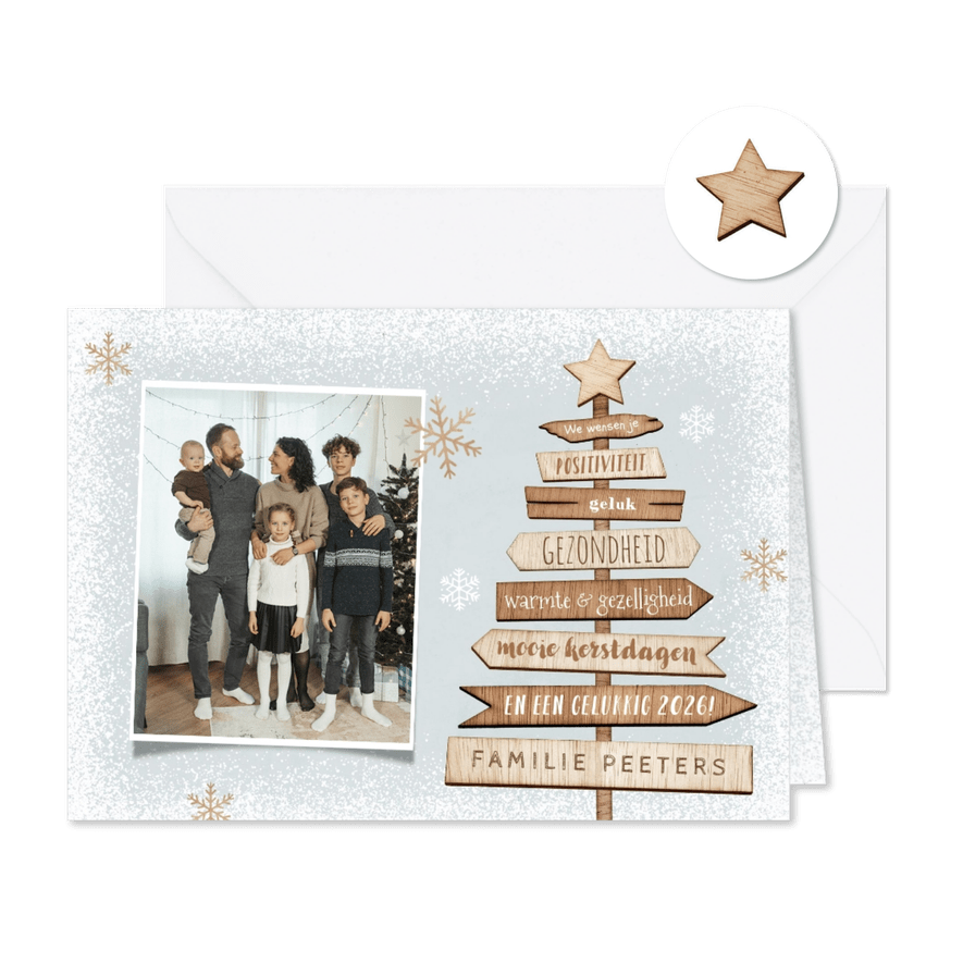 Kerst en nieuwjaarskaart hout kerstboom foto sneeuw - Kaartimpressie