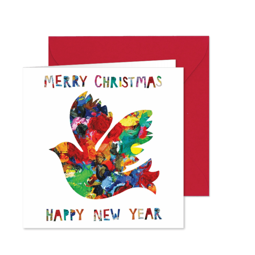 Kerst- en nieuwjaarskaart met een duif in mooie kleuren - Kaartimpressie