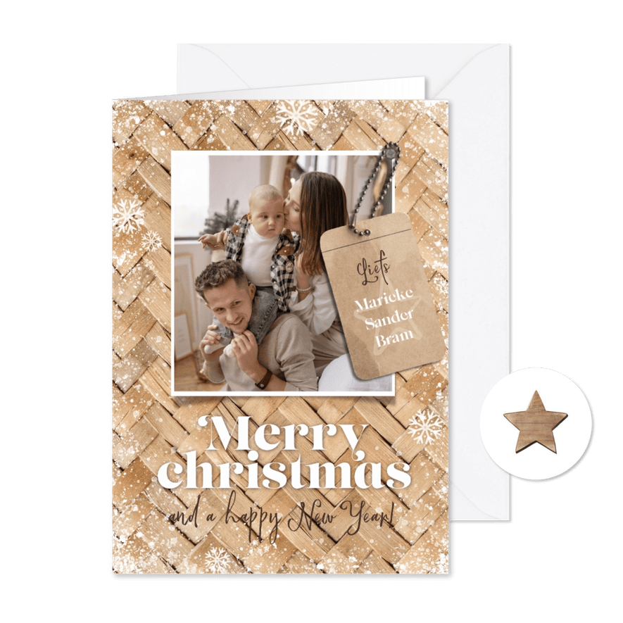 Kerst en nieuwjaarskaart rotan hout ster foto sneeuw - Kaartimpressie