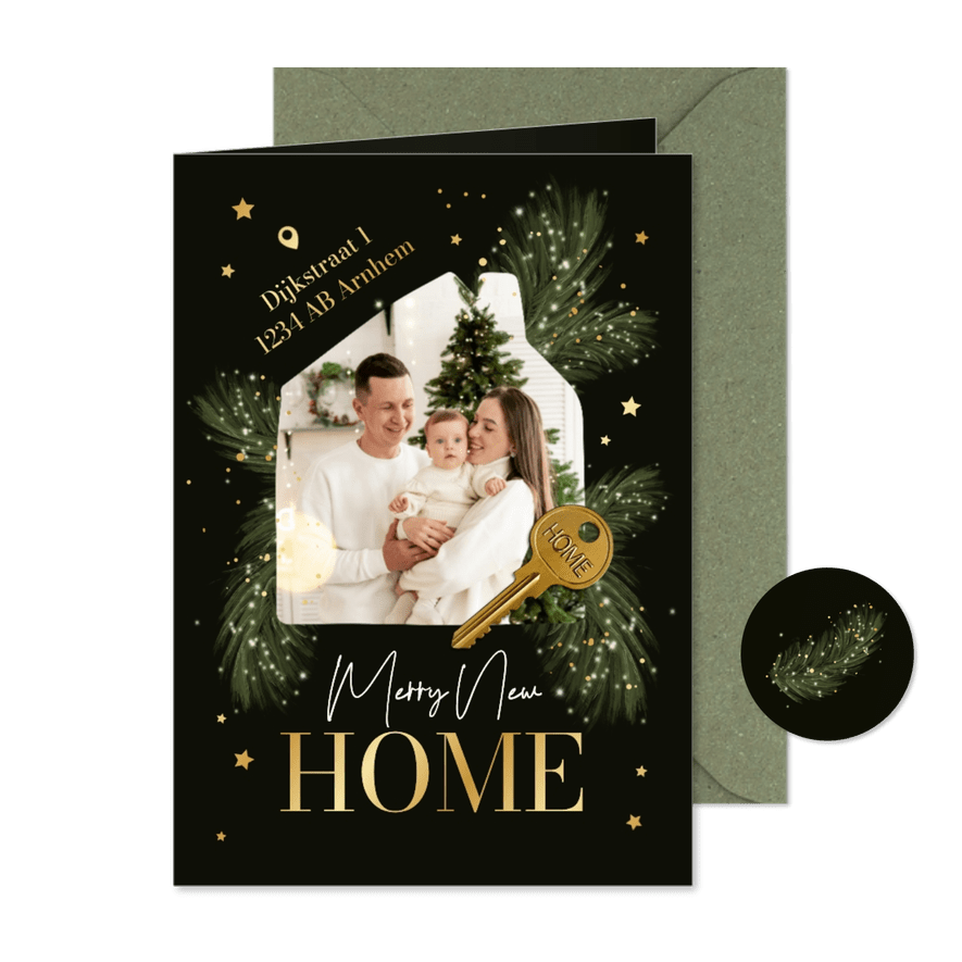 Kerst en verhuiskaart foto huisje sleutel 'merry new home' - Kaartimpressie