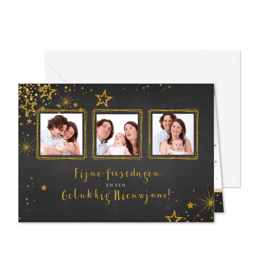 Kerst feestelijke foto kerstkaart met goud kleurige sterren  - Kaartimpressie