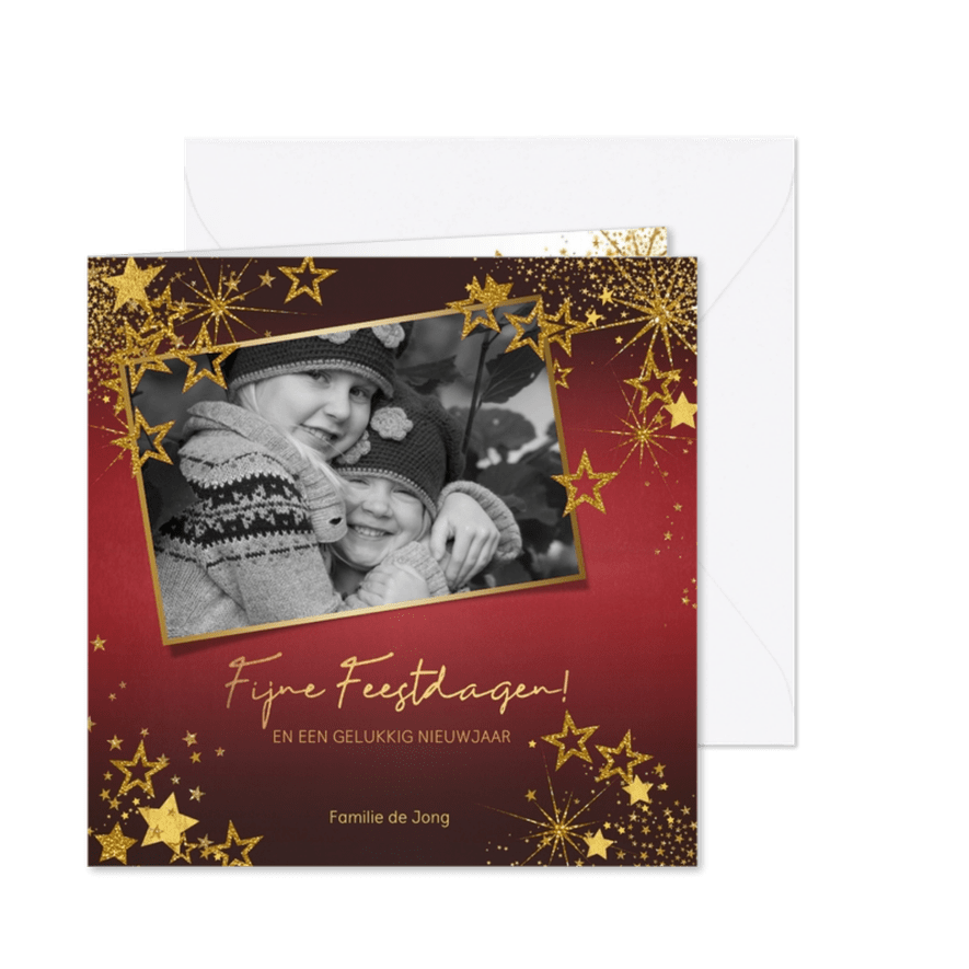 Kerst feestelijke rode foto kerstkaart gouden sterren - Kaartimpressie