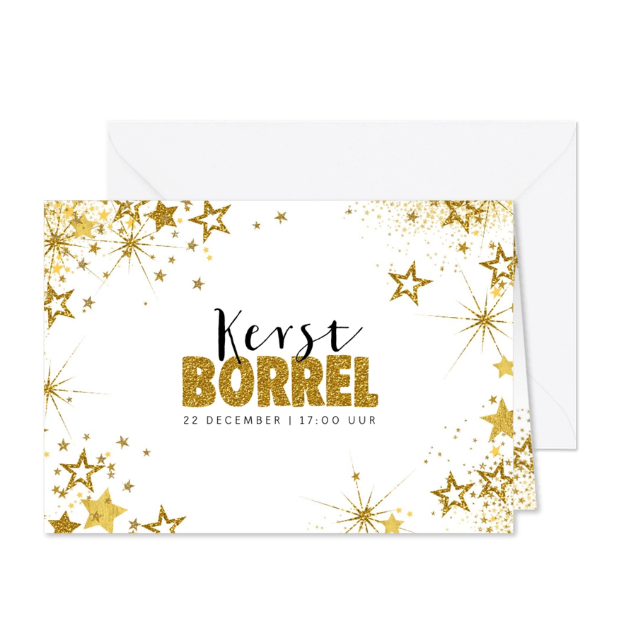 Kerst feestelijke uitnodiging kerstborrel wit-goud - Kaartimpressie