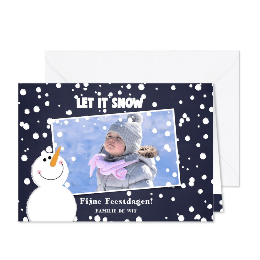 Kerst foto kaart met sneeuw en een schattige sneeuwpop - Kaartimpressie