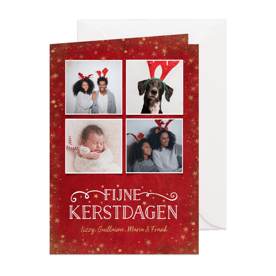 Kerst fotocollage kaart met rode achtergrond en sterren goud - Kaartimpressie