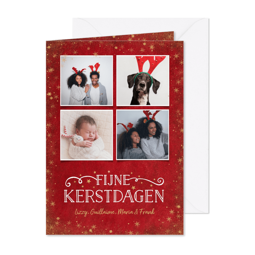 Kerst fotocollage kaart met rode achtergrond en sterren goud - Kaartimpressie