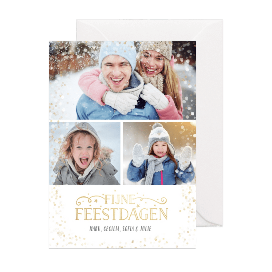 Kerst fotocollage met 3 foto's en gouden confetti - Kaartimpressie