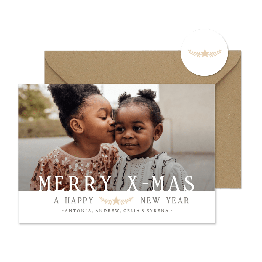 Kerst fotokaart met grote foto en Merry x-mas - Kaartimpressie