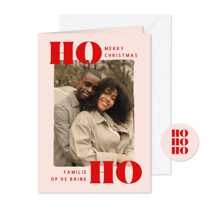 Kerst fotokaart roze met rode ho ho - Kaartimpressie