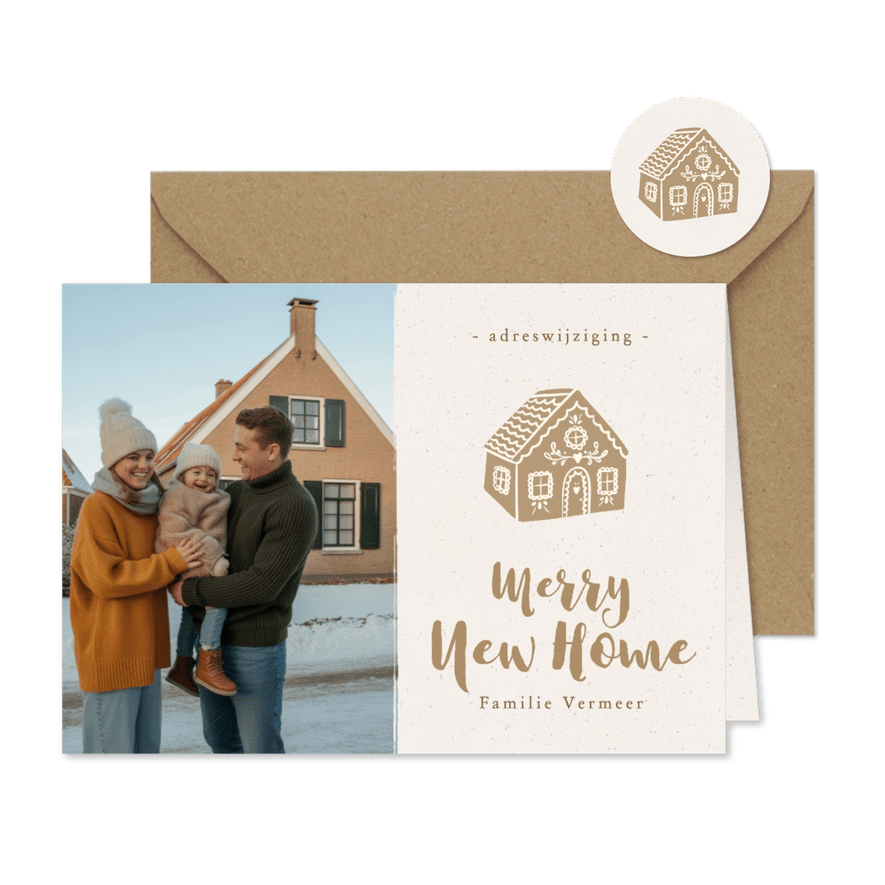 Kerst fotokaartje nieuwe woning met peperkoekhuisje beige - Kaartimpressie