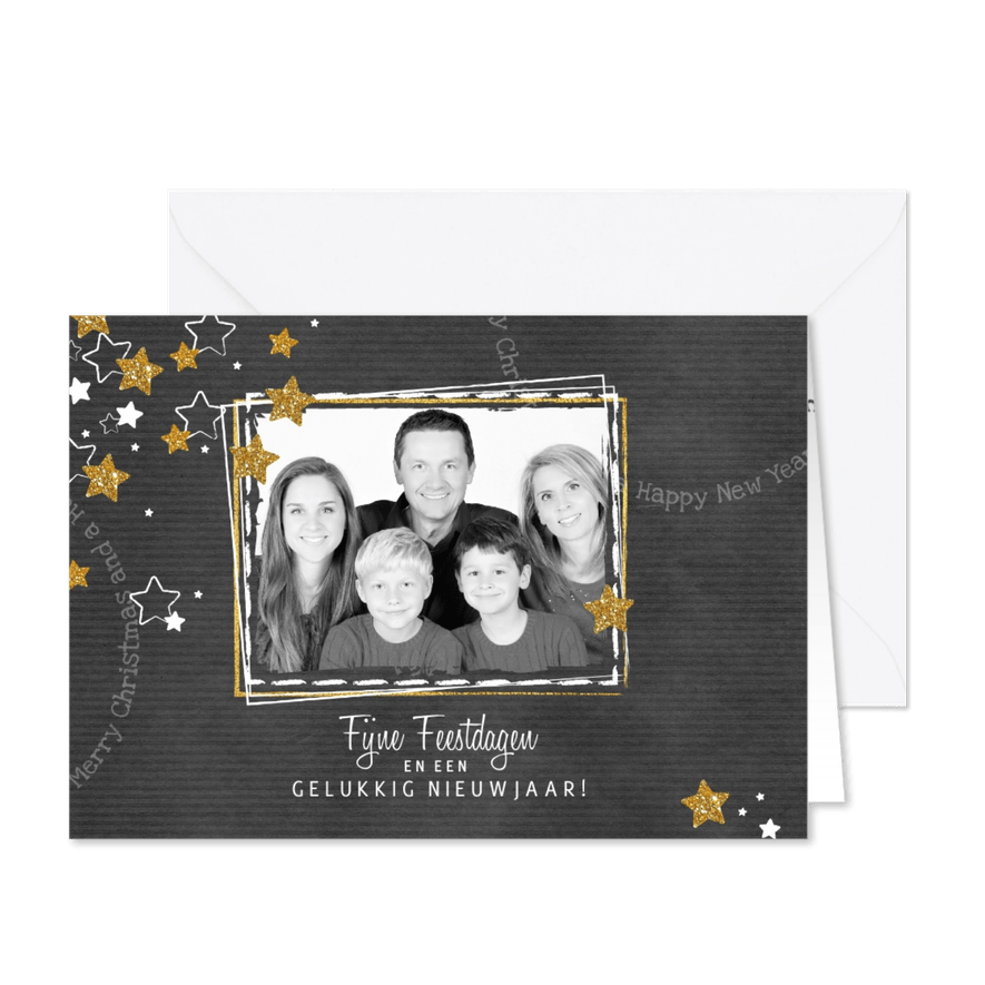 Kerst hippe grijze kaart met foto en gouden en witte sterren - Kaartimpressie