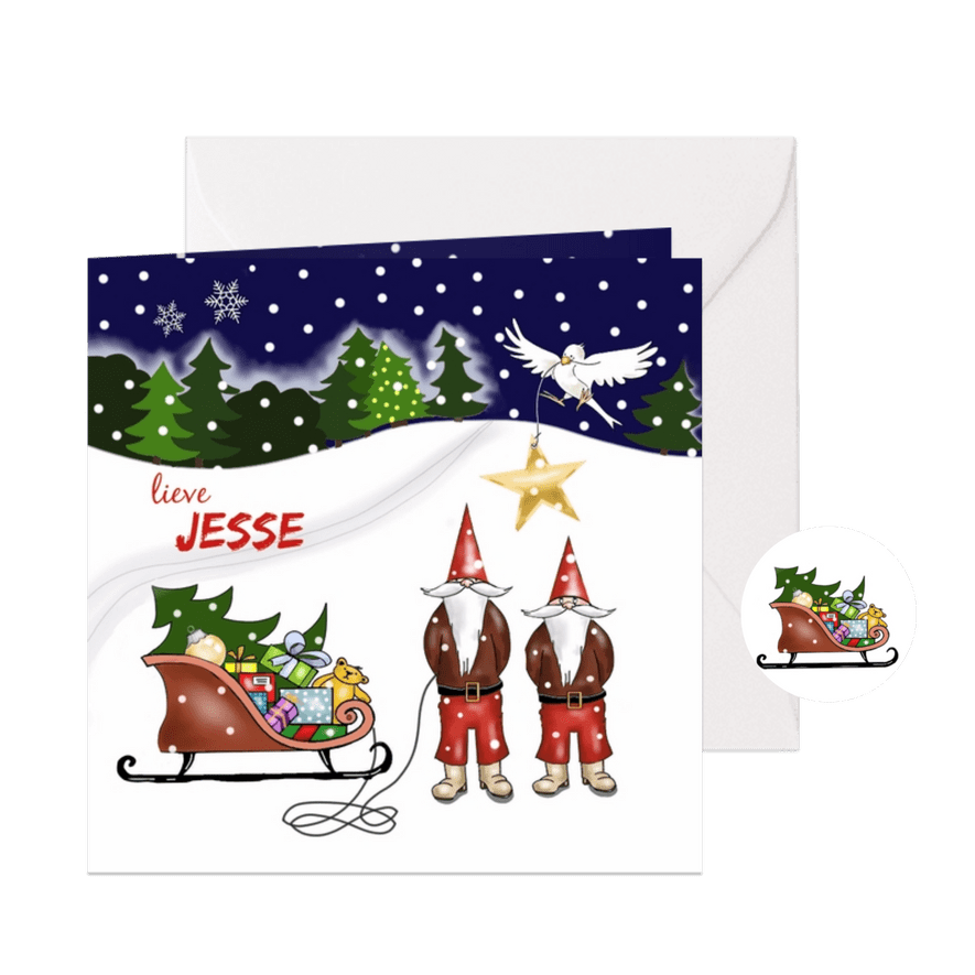 Kerst - kinderkerstmannetjes met slee - Kaartimpressie