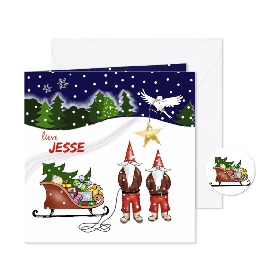 Kerst - kinderkerstmannetjes met slee - Kaartimpressie