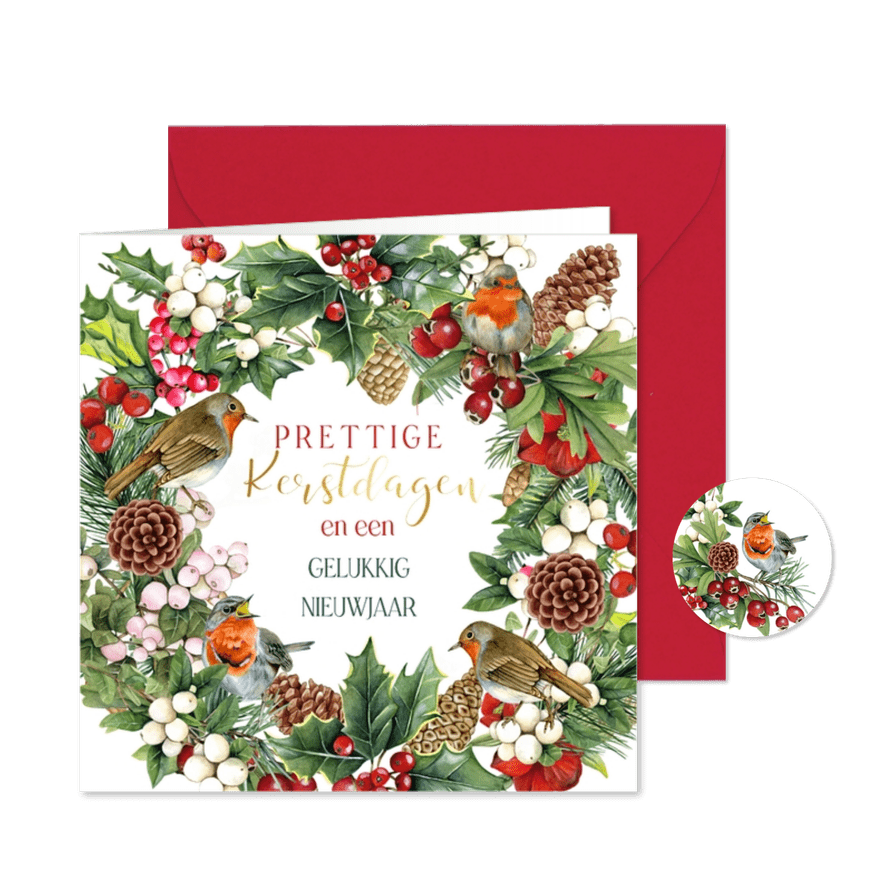 Kerst krans van botanische takken met roodborstjes - Kaartimpressie