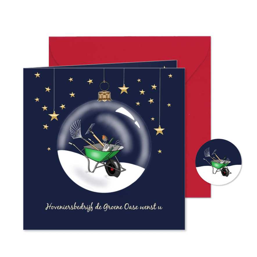 Kerst - kruiwagen in kerstbal - Kaartimpressie