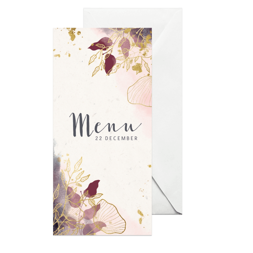 Kerst menu stijlvol met waterverf en gouden bloemen - Kaartimpressie