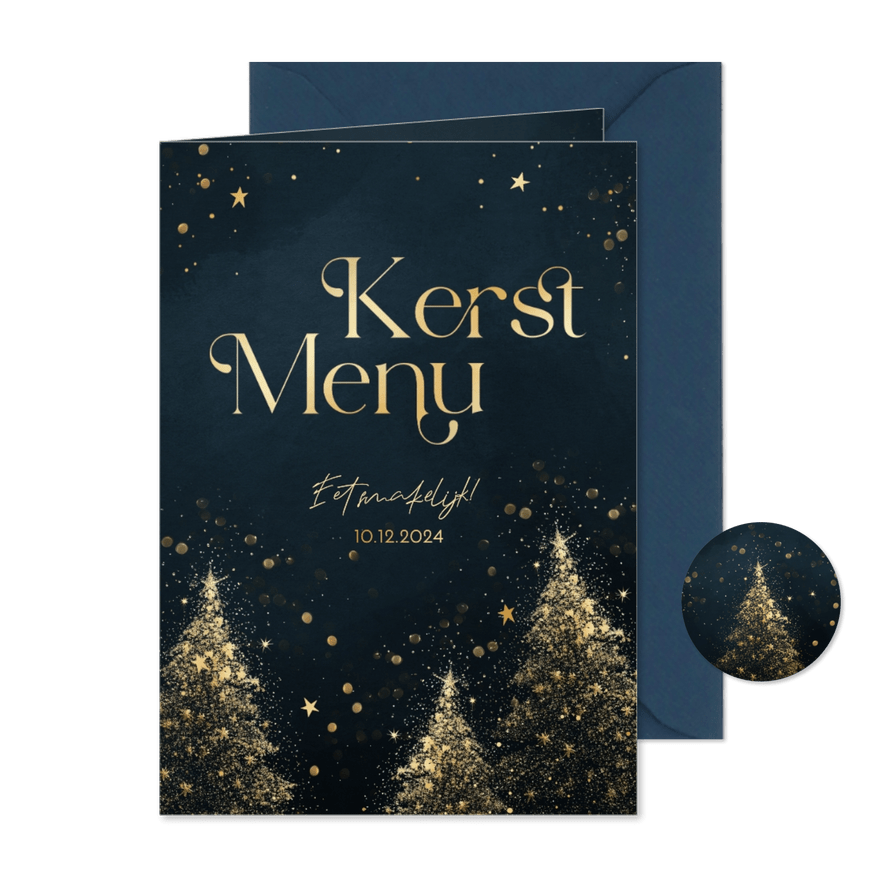 Kerst menukaart blauw met gouden kerstbomen  - Kaartimpressie