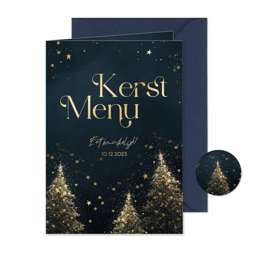 Kerst menukaart blauw met gouden kerstbomen - Kaartimpressie