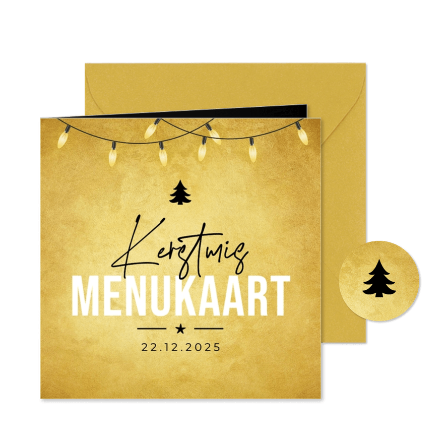 Kerst menukaart lampjes kerstboom goud kerstdiner kerstmis - Kaartimpressie