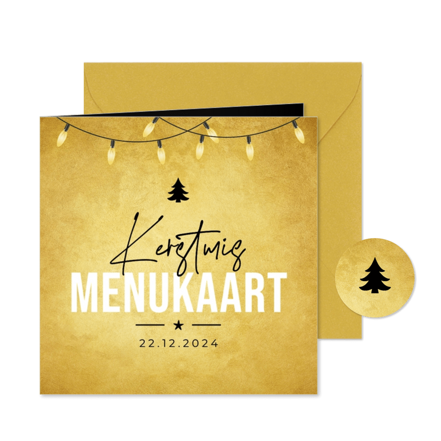 Kerst menukaart lampjes kerstboom goud kerstdiner kerstmis - Kaartimpressie