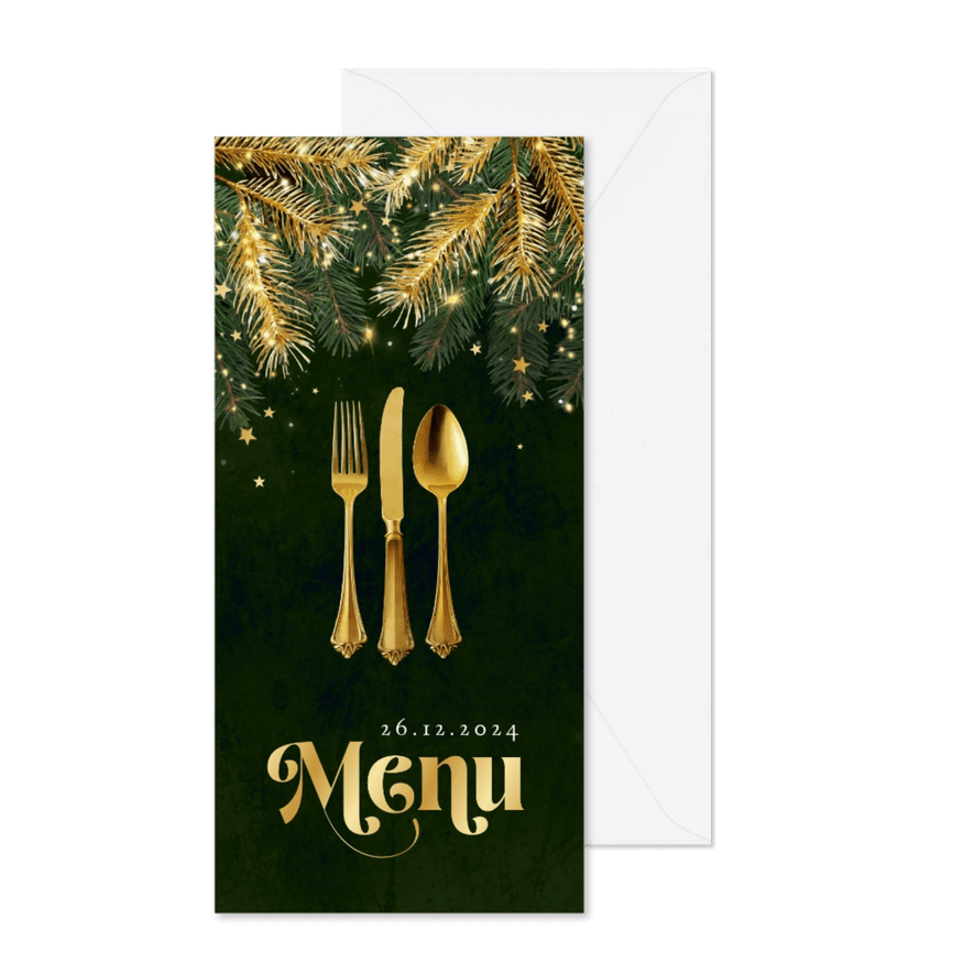 Kerst menukaart stijlvol goud groen sparkles bestek goud - Kaartimpressie