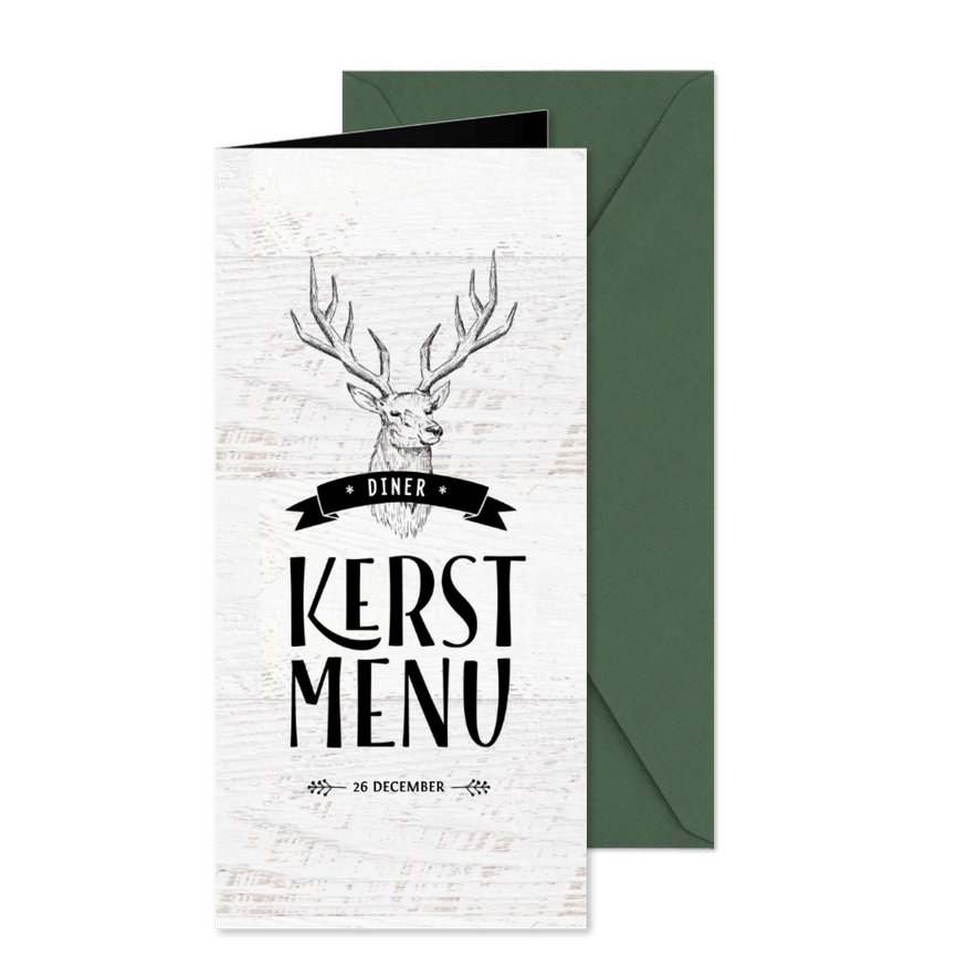 Kerst menukaart zwart wit hert - Kaartimpressie