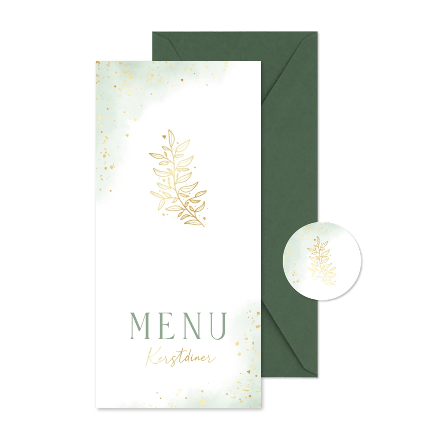 Kerst menukaartje met groene waterverf goudfolie takje - Kaartimpressie