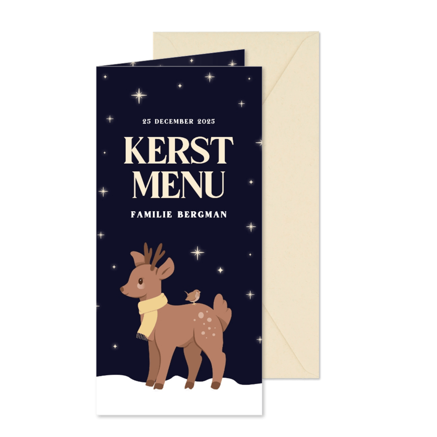Kerst menukaartje met hertje en sterren - Kaartimpressie