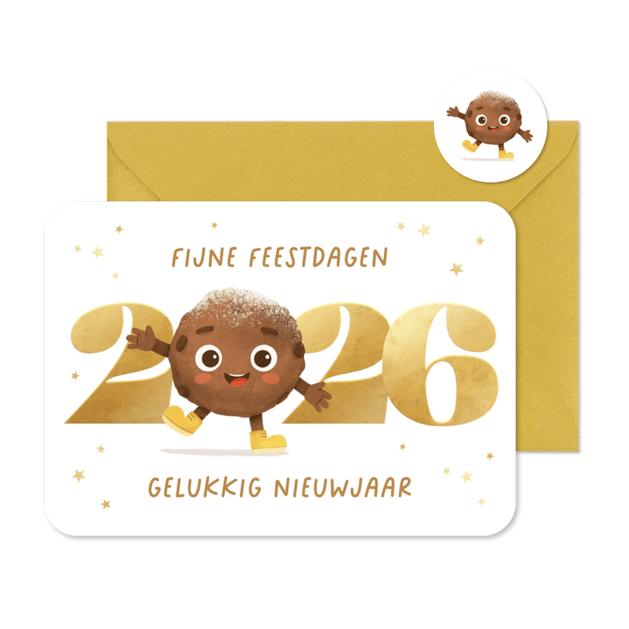 Kerst nieuwjaarskaart oliebol 2026 sterren goud vrolijk - Kaartimpressie