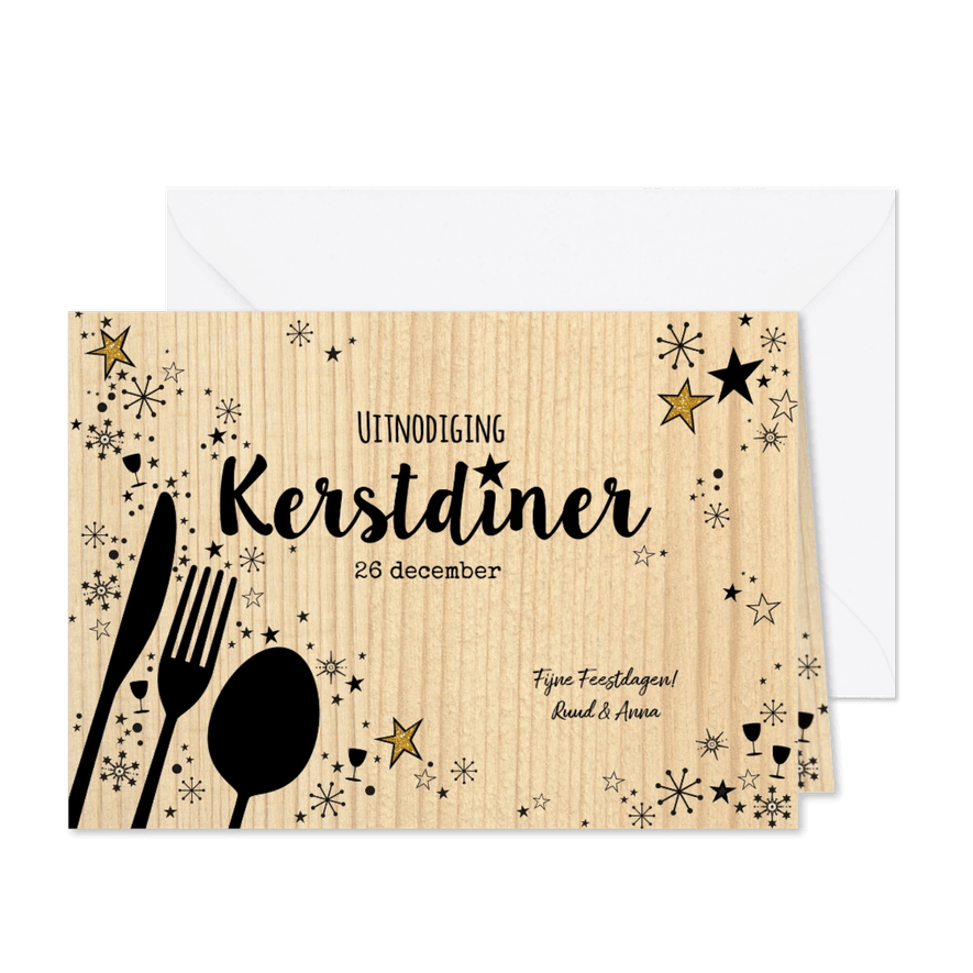 Kerst originele uitnodiging kerstdiner hout en bestek - Kaartimpressie