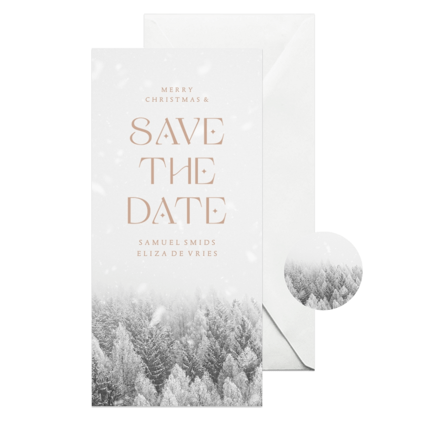 Kerst save the date kaart met besneeuwd bos - Kaartimpressie