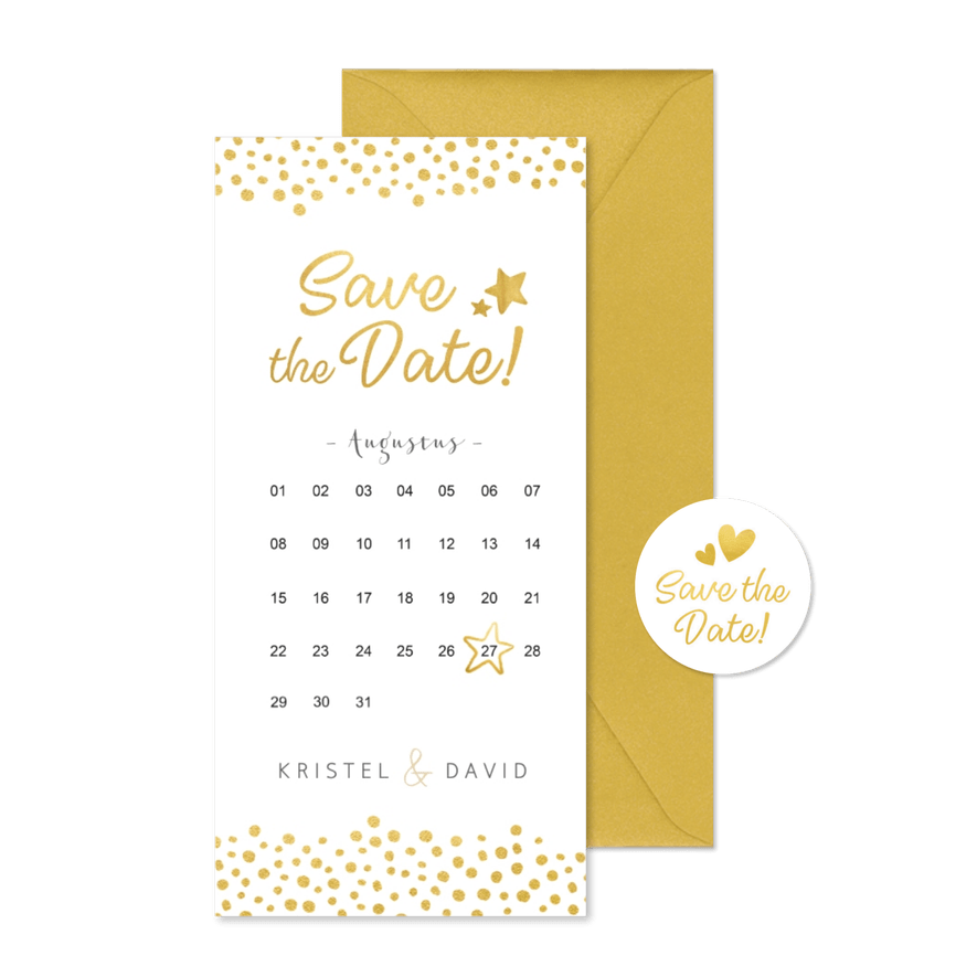 Kerst save the date kaart met kalender en goudlook stippen - Kaartimpressie