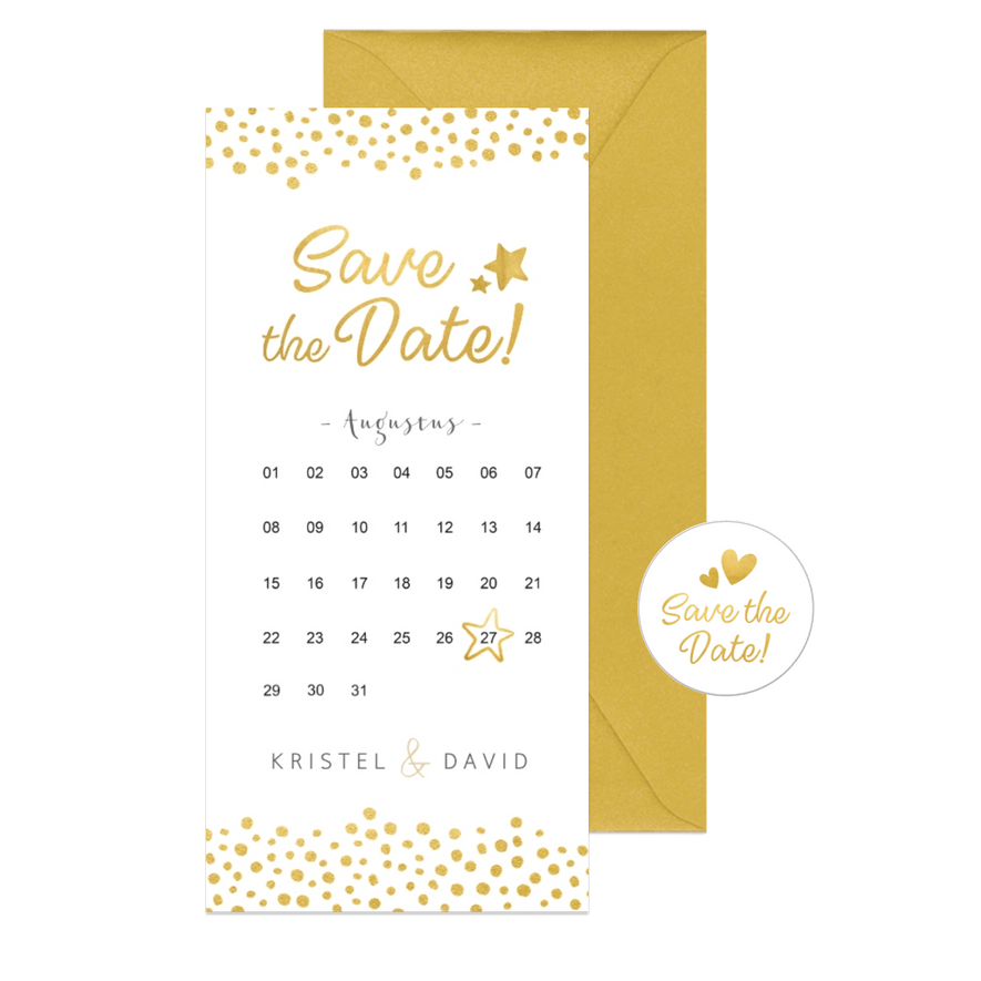 Kerst save the date kaart met kalender en goudlook stippen - Kaartimpressie