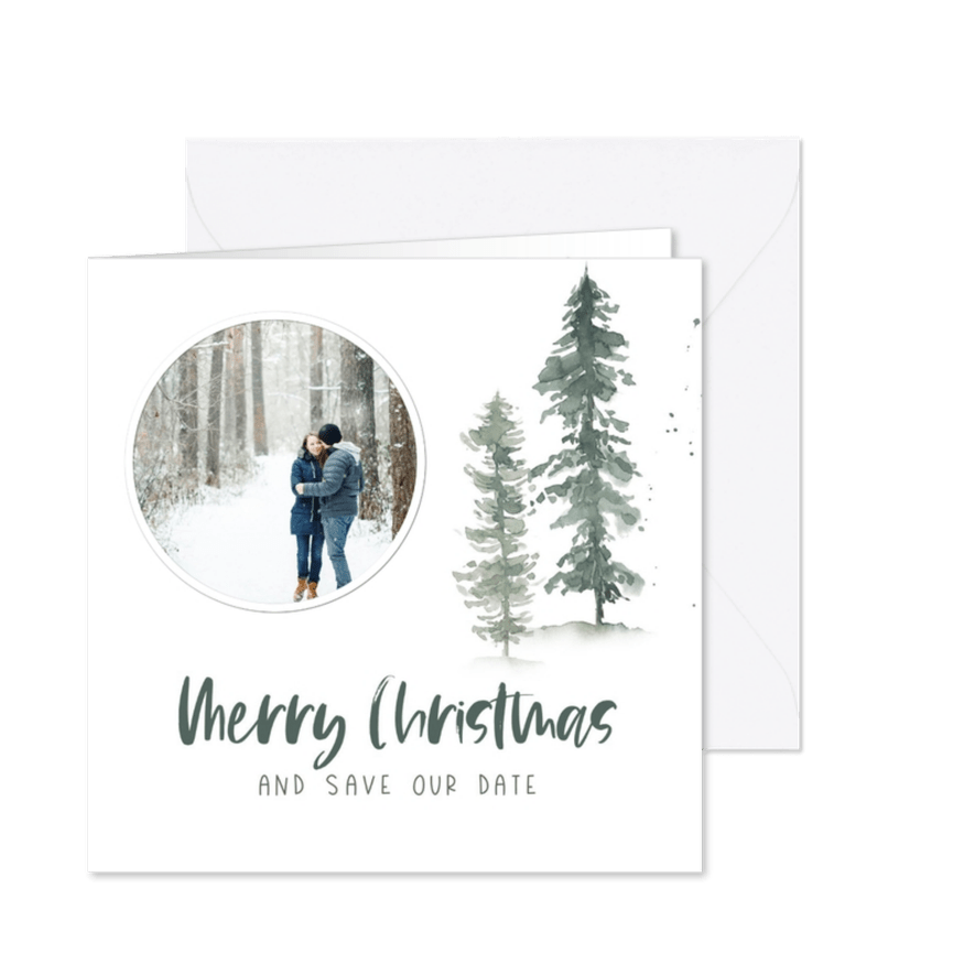 Kerst save the date kaart met waterverf dennenbomen - Kaartimpressie
